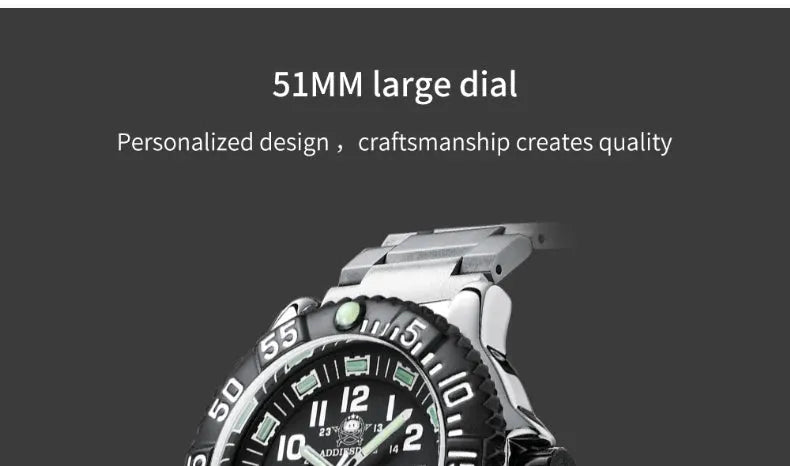 Addies Dive men's watch with 51mm black dial, rotating bezel, stainless steel band, 50m water resistance
