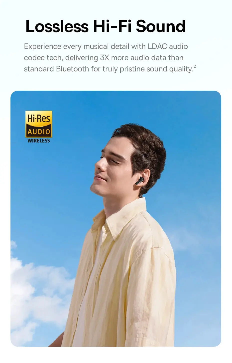 Baseus Bass BP1 Pro wireless earbuds; black finish with Hi-Res Audio Wireless logo on blue sky backdrop.