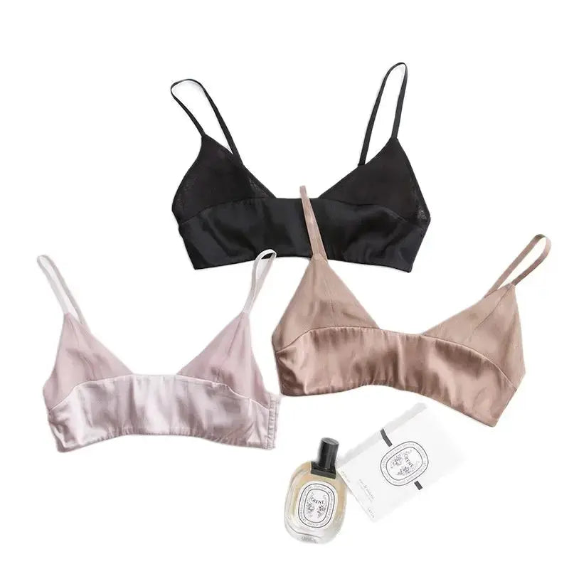 Birdtree wireless silk-spandex bralette set, 3pc in black, blush pink, champagne; non-padded intimates Simples Market
