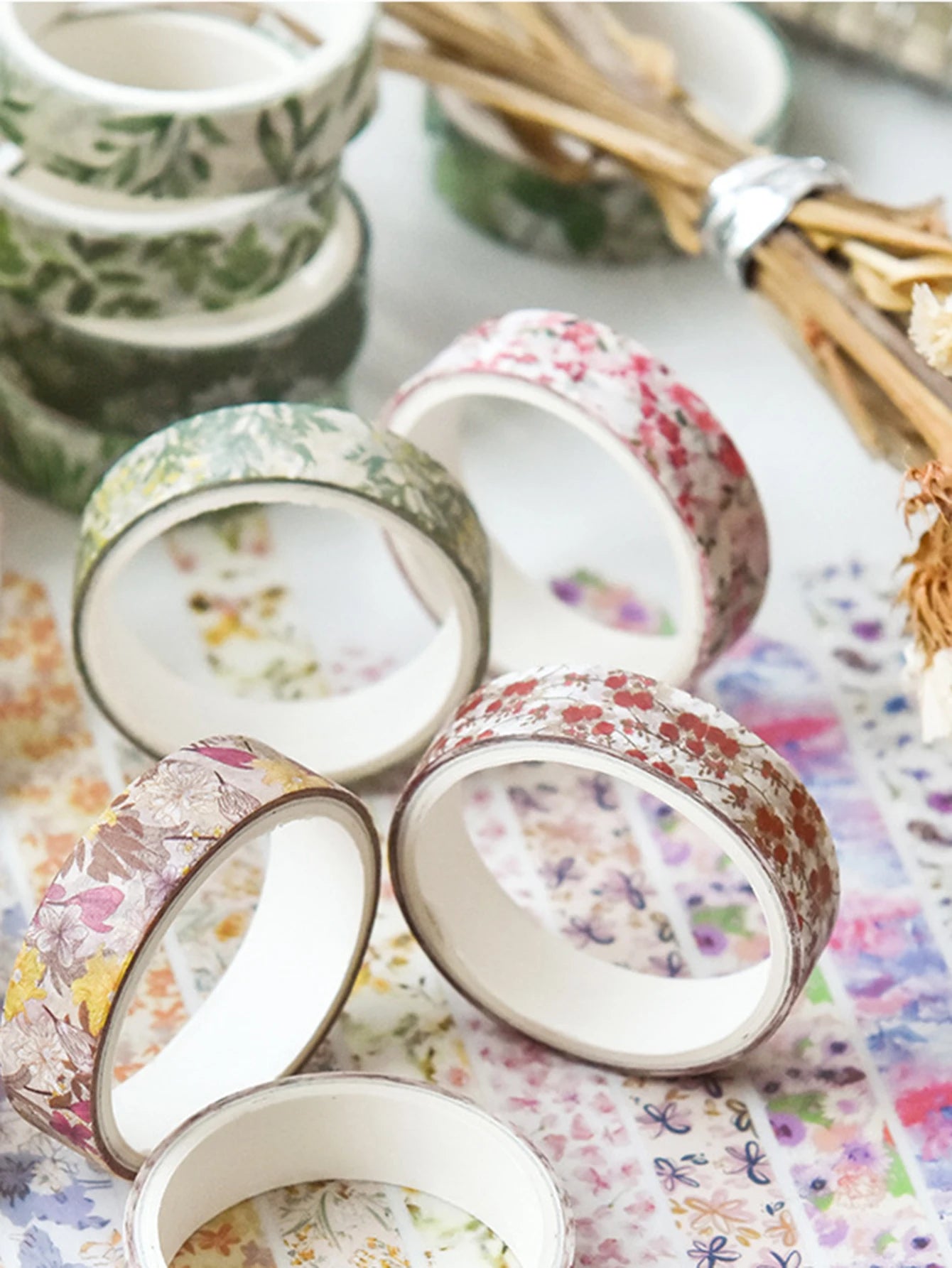 Boxed set of floral washi tape, 5 rolls with romantic flower patterns for crafts and students