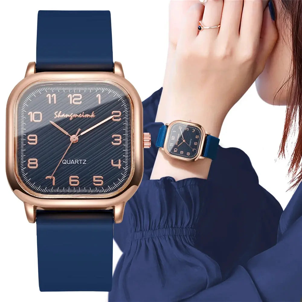 Fashion square women's quartz watch with blue silicone strap and rose-gold case, two views