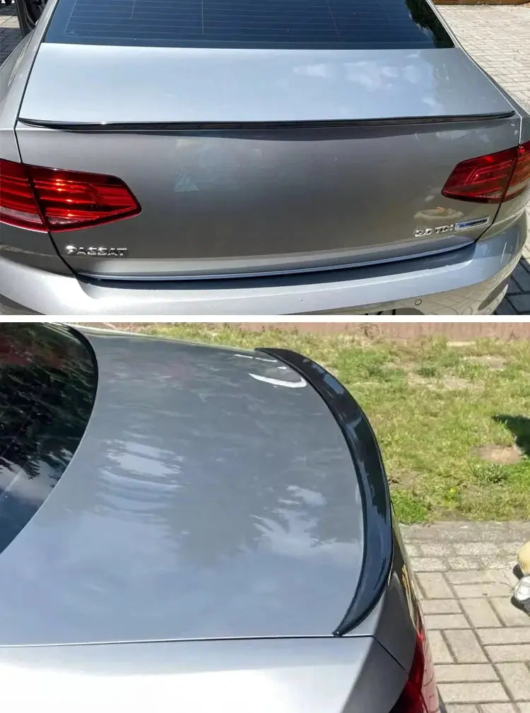 Rear wing spoiler lip for VW Passat in black soft plastic, fits B6/B7/B8 (2005–2021).