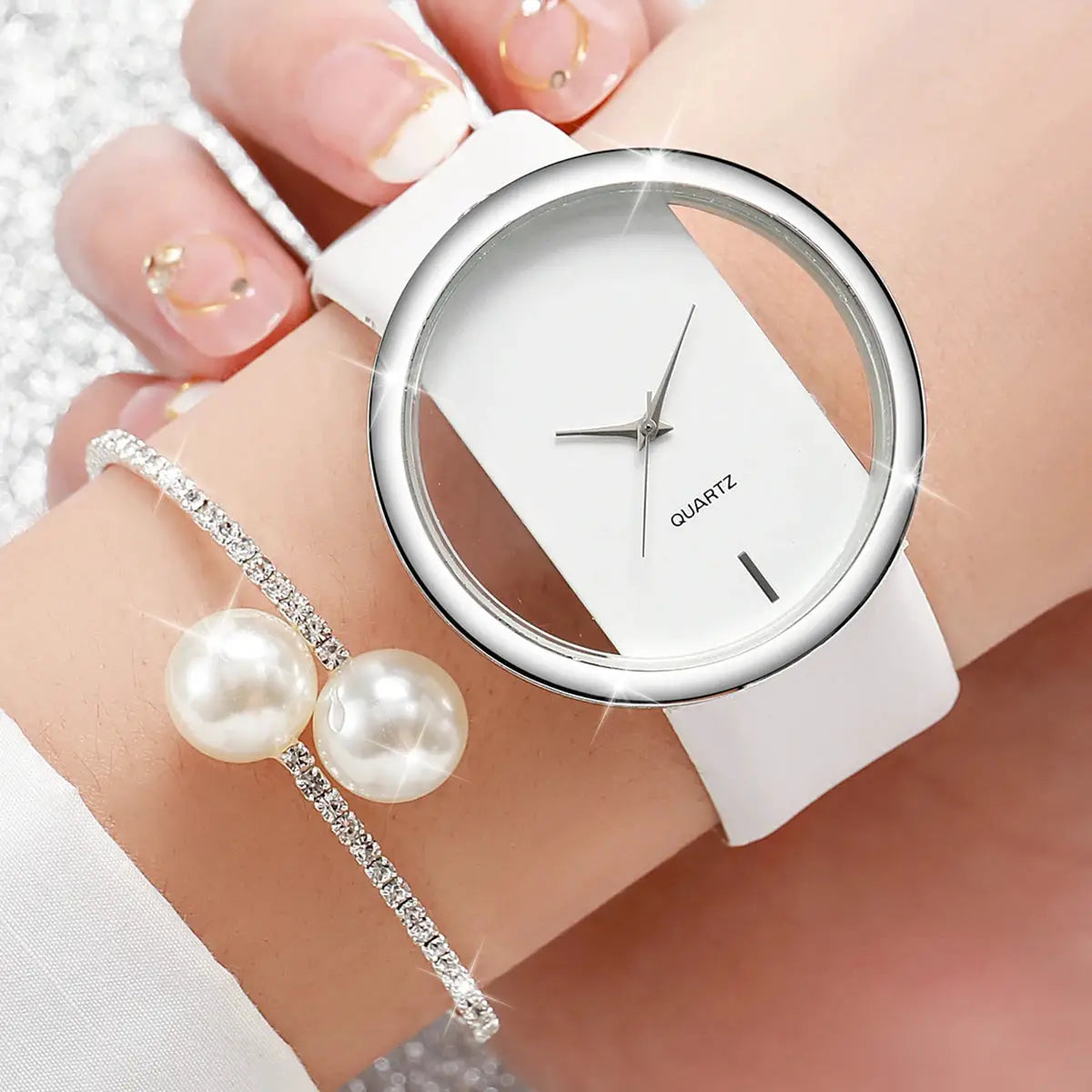 2-piece women's watch and pearl diamond bracelet set; white leather strap, quartz dial, Simples Market