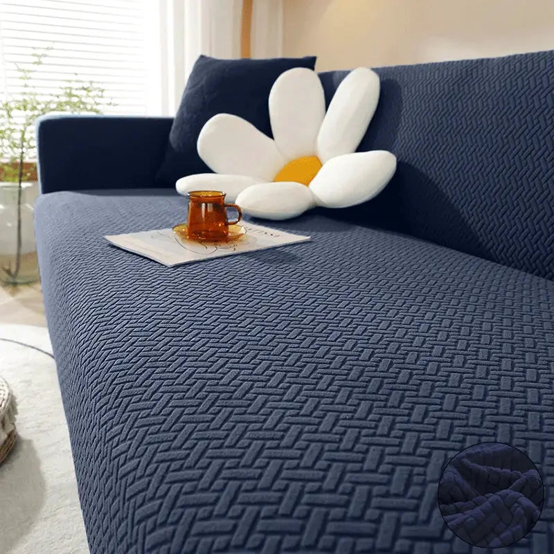 Jacquard sofa cover in navy blue with elastic thick fabric for L-shaped corner sofas