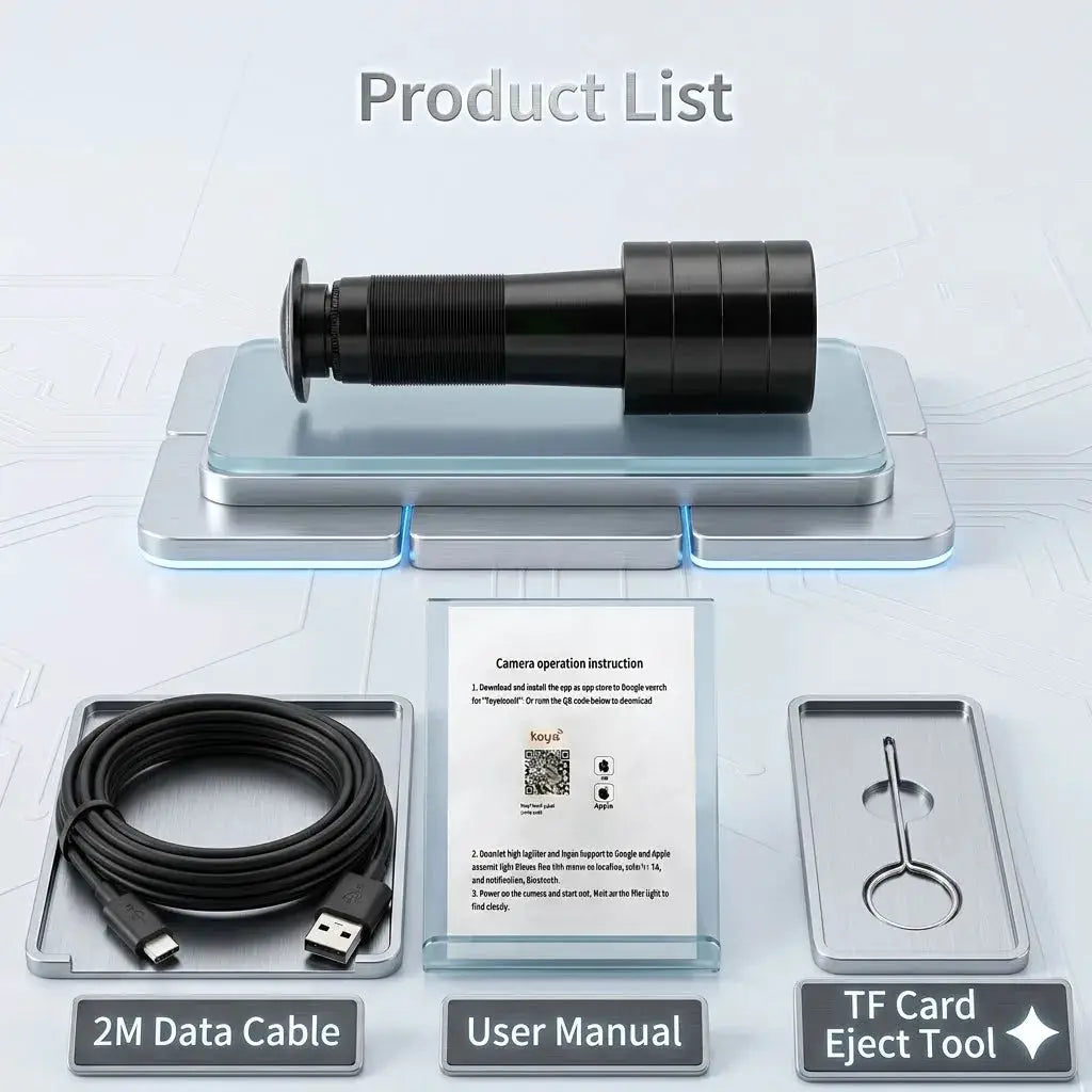 Simples Market 3MP 2K WiFi Video Door Viewer kit with camera, 2M data cable, user manual, and TF card eject tool