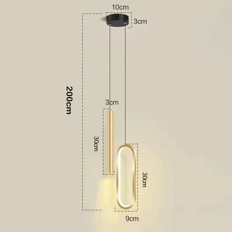 Nordic LED pendant light with black canopy, gold vertical bar and glowing loop by Simples Market