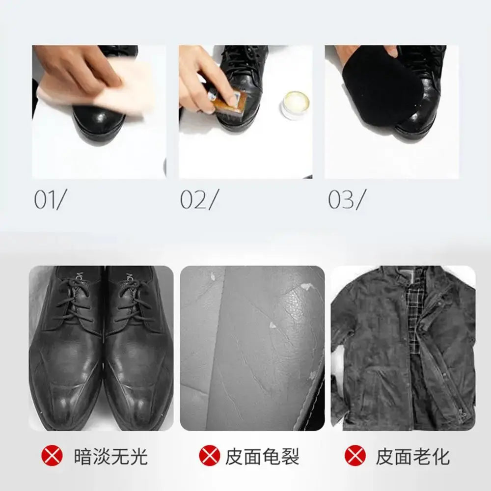 Simples Market leather care cream for shoes, bags and car interiors; 30G/50G/100G, shown applying and restoring black leather.