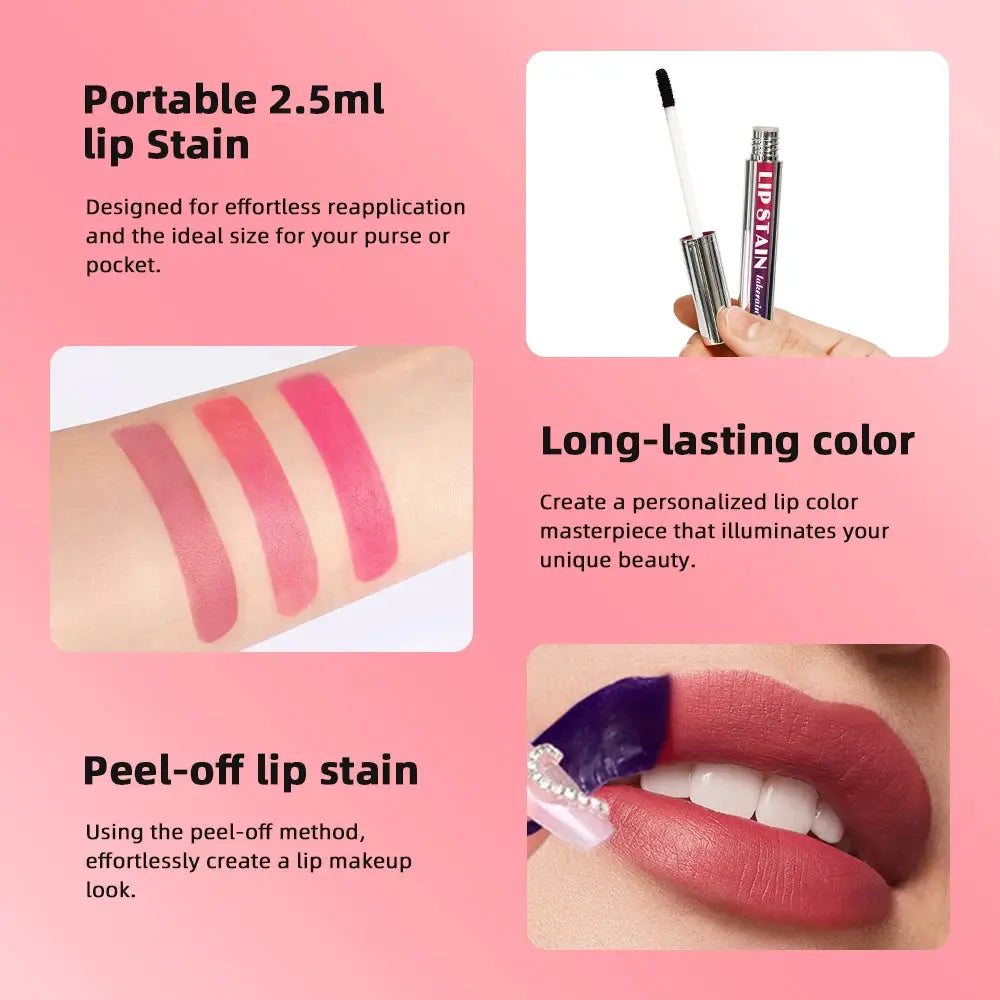 RadiantHue Lip Stain Peel Off Long Lasting Waterproof Transfer Proof Pink Lip Color for Women