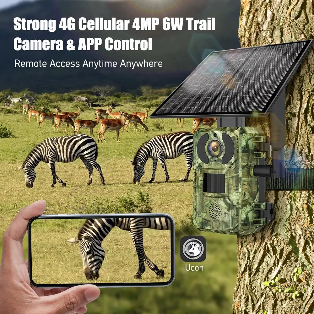 Simples Market 4G trail camera with solar panel and camo housing for outdoor motion-activated wildlife monitoring