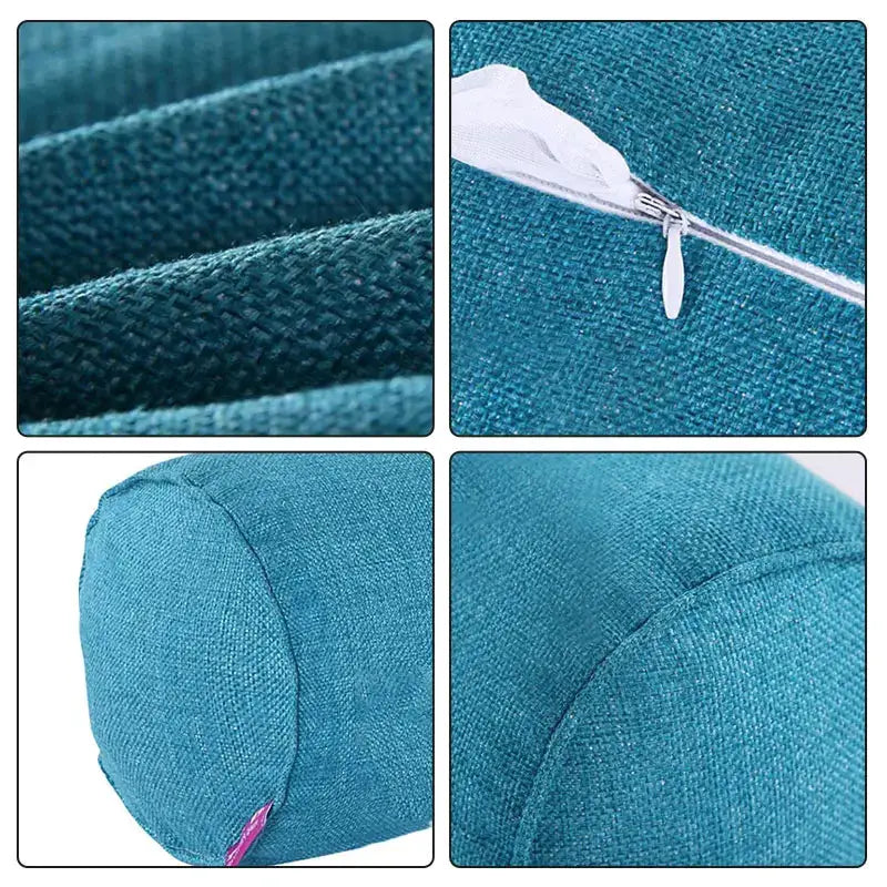Cylindrical pillow case in teal cotton-linen with zipper closure for sofa lumbar support