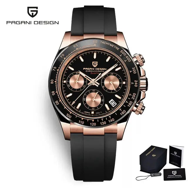 Pagani Design 40mm V2 watch with black dial, rose-gold case and black silicone strap; box and papers included