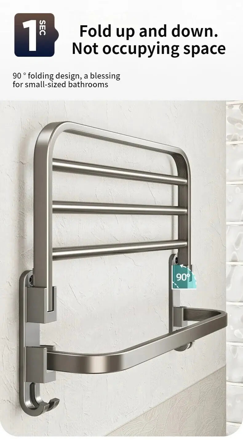 Folding aluminum towel rack with hook in grey/black finish, 50–60 cm, wall-mounted for compact bathrooms.