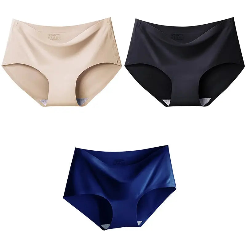 AOTOLK 3Pcs/Set XXL seamless mid-waist panties in beige, black and navy blue, breathable ice-silk underwear.