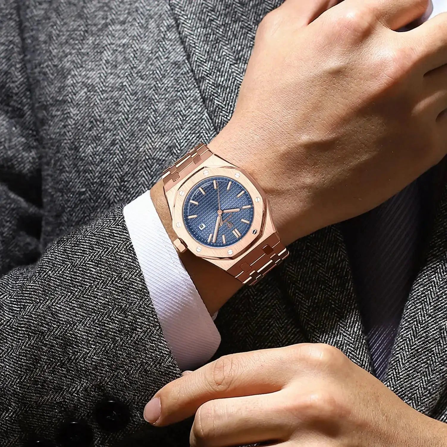 POEDAGAR Luxury Business Wristwatch For Men Stainless Steel Waterproof With Luminous Date Display Quartz Movement