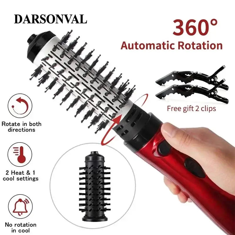 Darsonval 360° automatic-rotation hot air brush in red with 2 free clips.