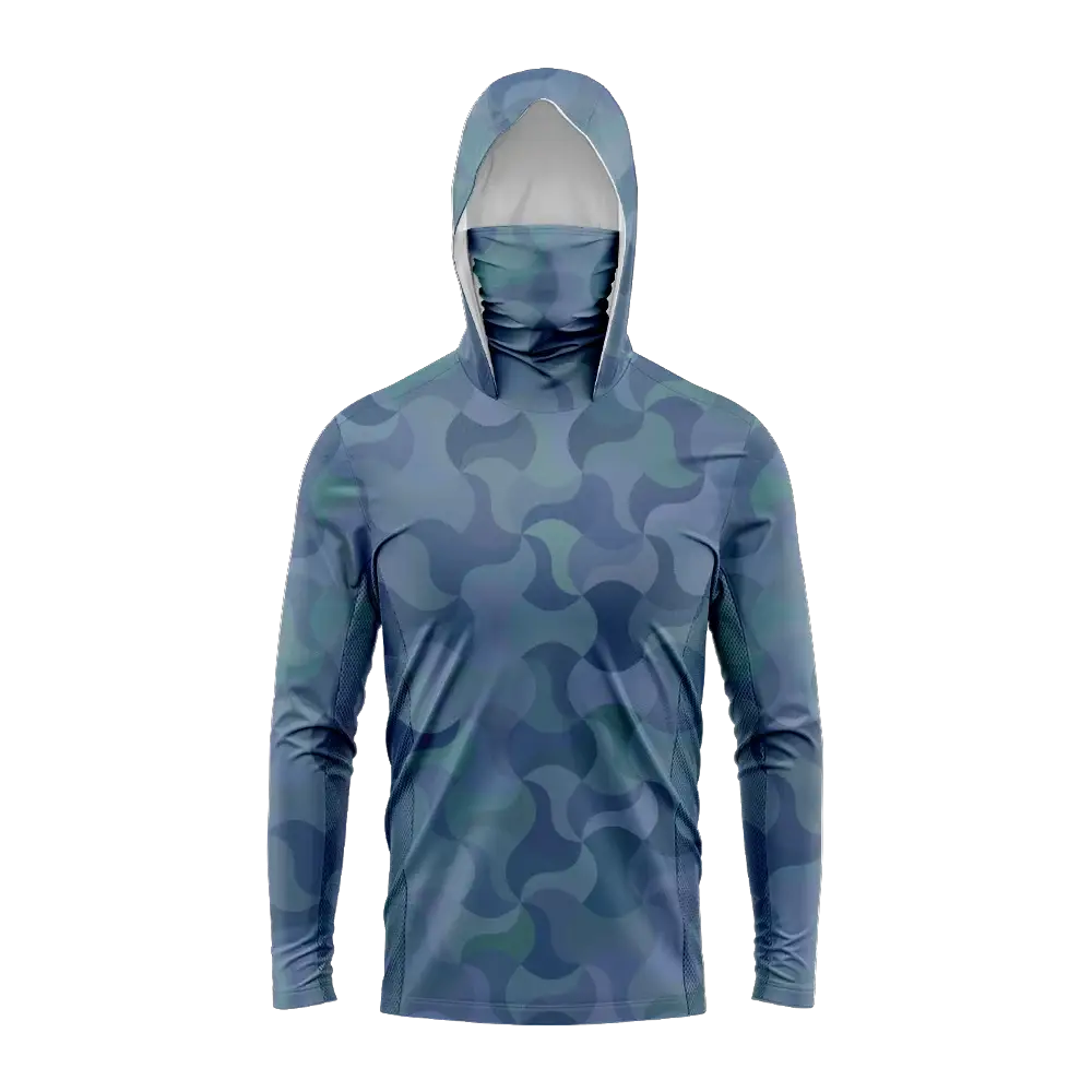 Men's long-sleeve hooded fishing shirt in blue camouflage with UV protection by Simples Market