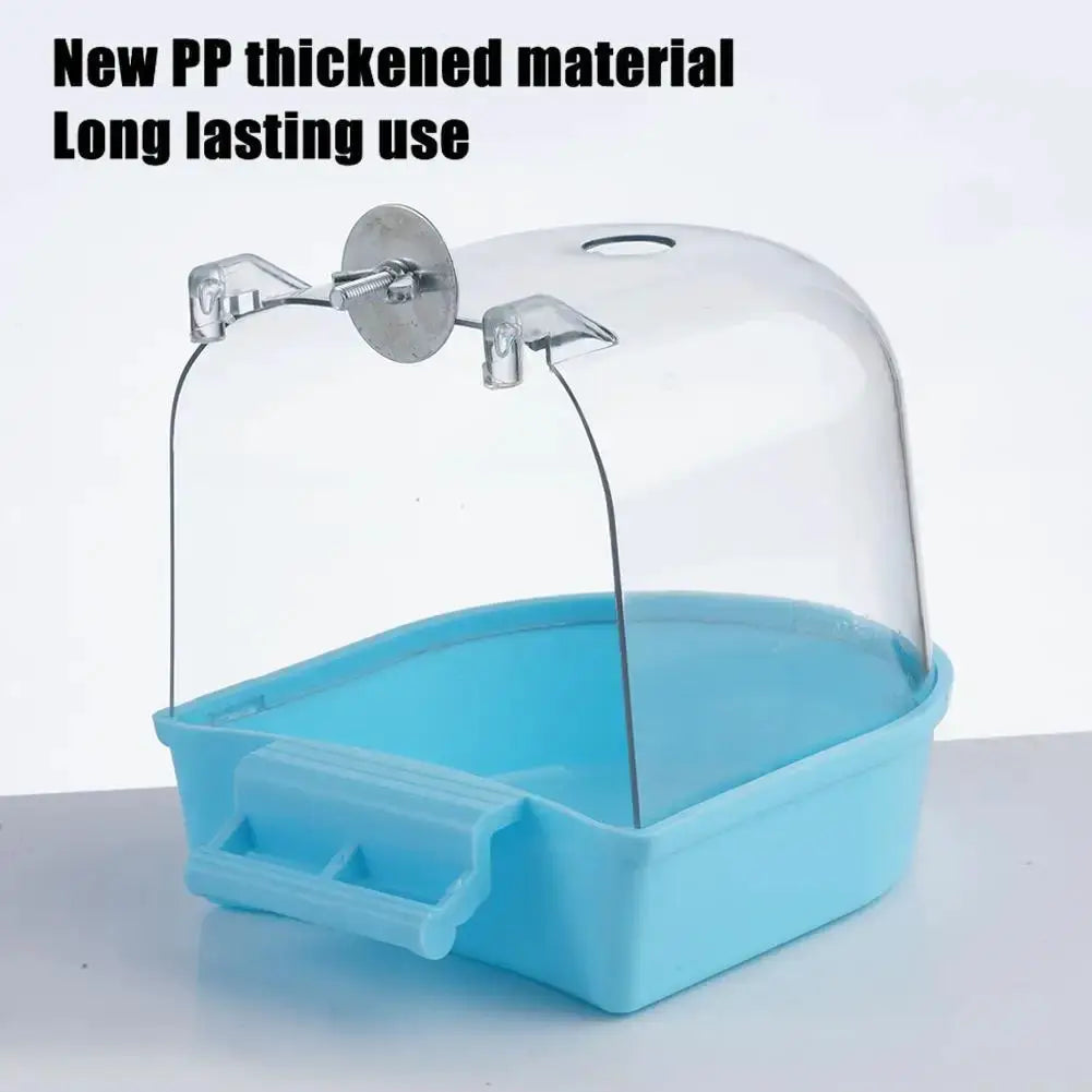 Hanging bird bath cube in blue plastic base with clear dome for small parrots and canaries