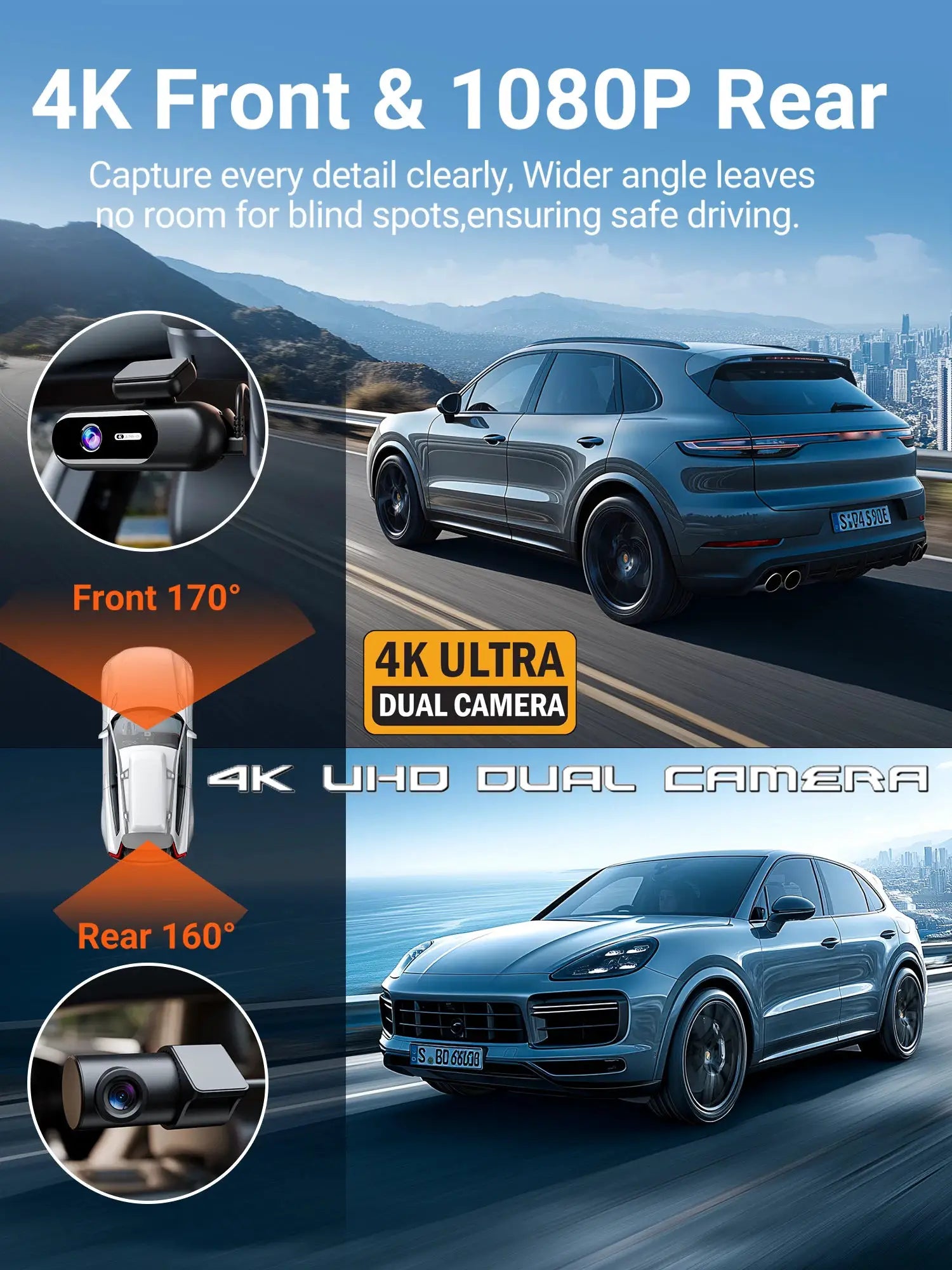Dash cam for cars by Simples Market, 4K front + 1080p rear dual camera with Wi-Fi