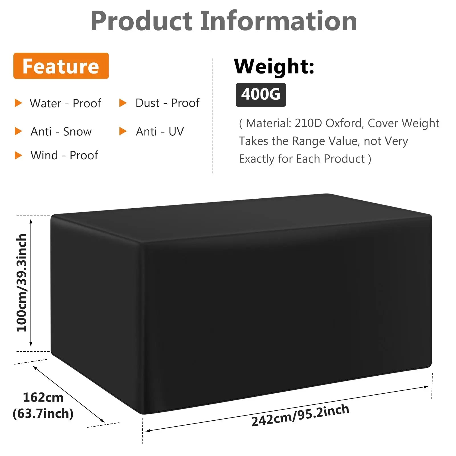 Simples Market 210D Oxford outdoor furniture cover, black, waterproof and dustproof; fits 242x162x100 cm.