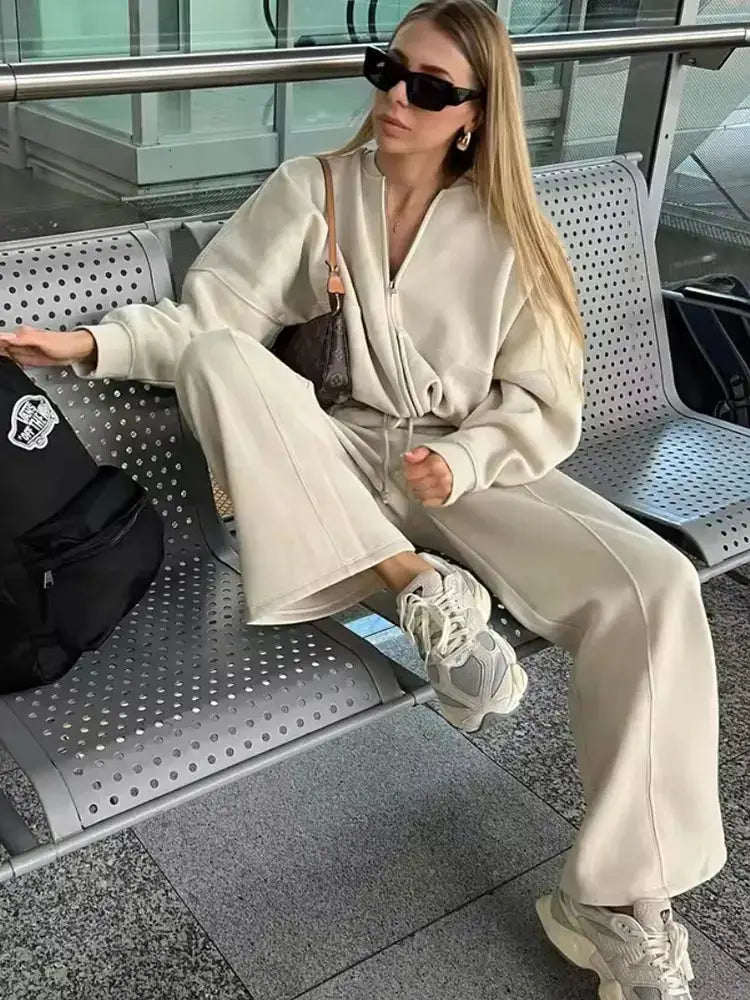 HH Womens Fall Retro Zip Bomber Jacket 2 Piece Set With High Waist Lace Up Wide Leg Pants Streetwear