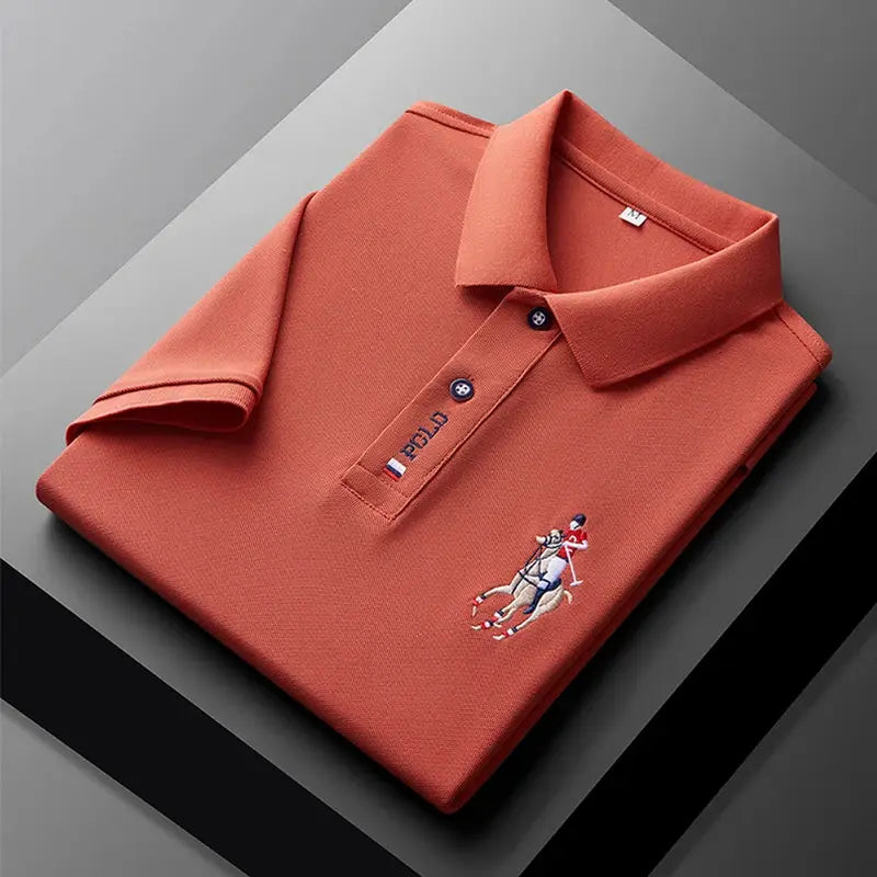 Men's coral short-sleeved polo shirt with embroidered polo player crest and Polo logo on the placket
