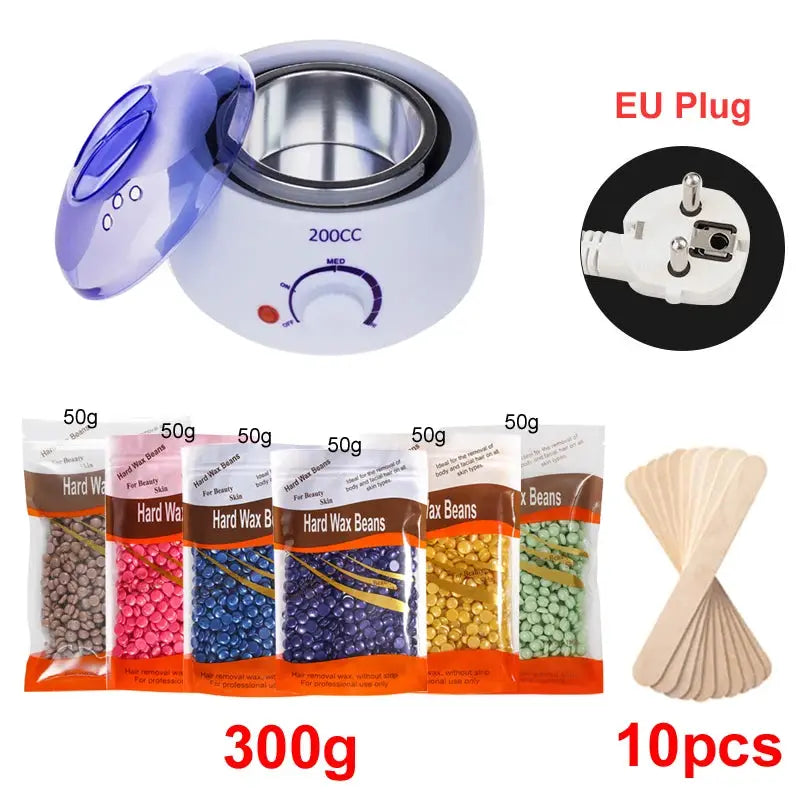 Paraffin wax warmer kit by Simples Market with EU plug, 200ml capacity, 300g hard wax beans and 10 spatulas