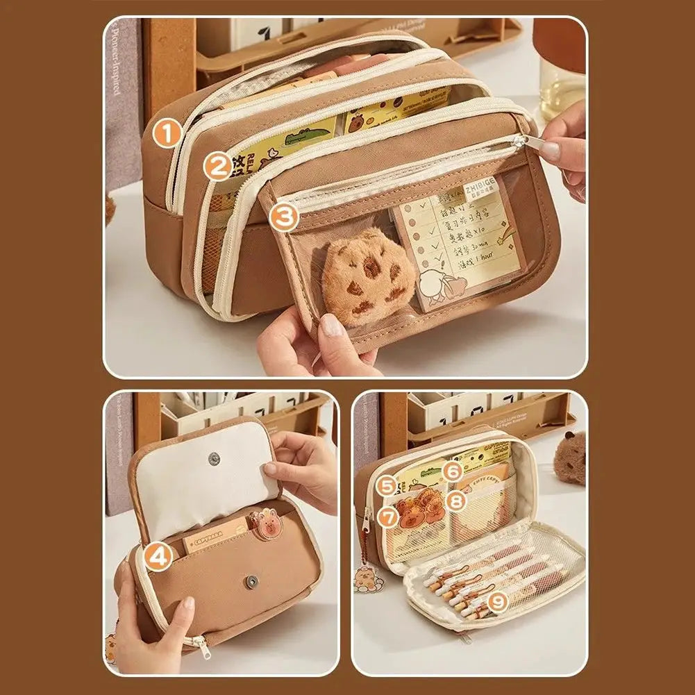 Capybara Cute Backpack with Pencil Case by Simples Market; tan beige daypack with multiple zip pockets