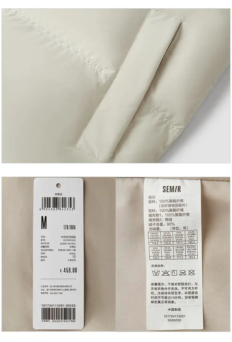 Beige down jacket, unisex outerwear; close-up of quilted fabric and sleeve with size M tag and care label.