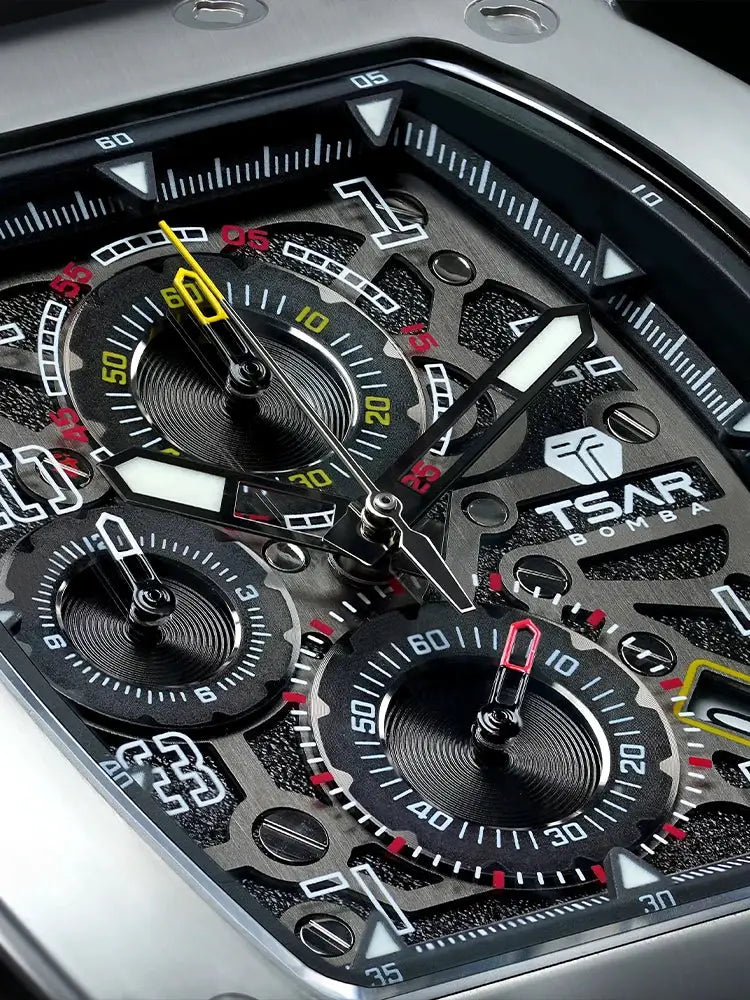 TSAR BOMBA men's stainless steel tonneau watch with skeleton dial and chronograph subdials