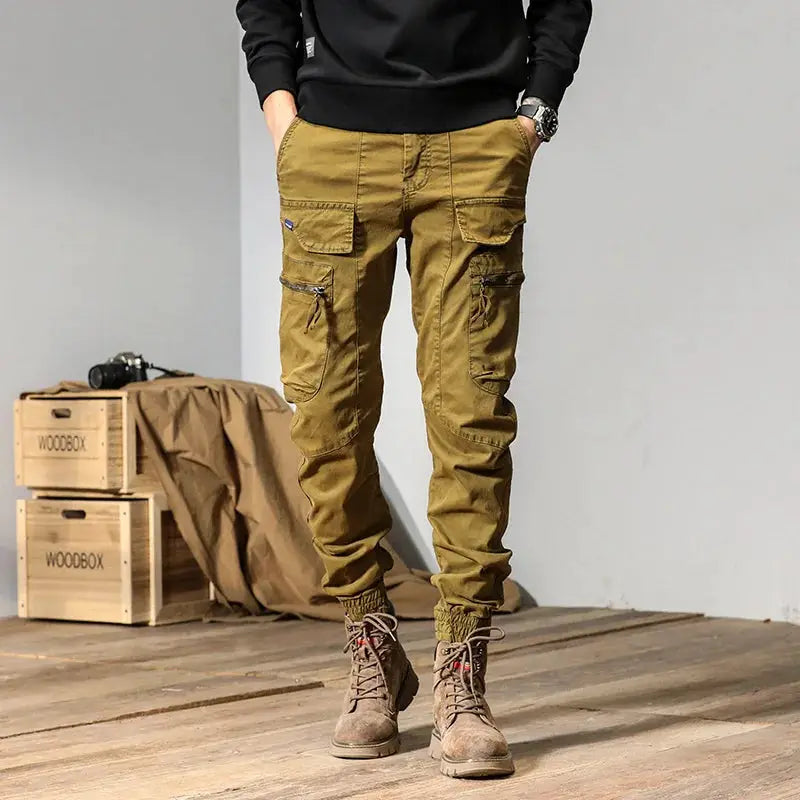 CAAYU men's khaki cargo jogger pants with multiple pockets and zip pockets, tapered streetwear cargo trousers