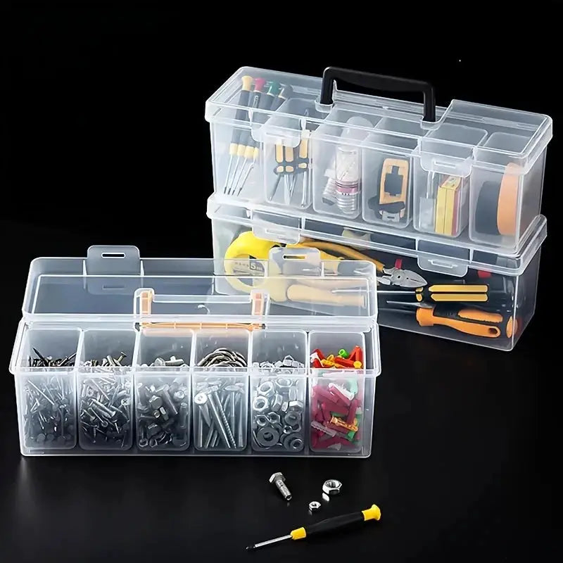 Two clear plastic tool storage boxes with 6 removable bins, containing screws, nails, nuts and washers