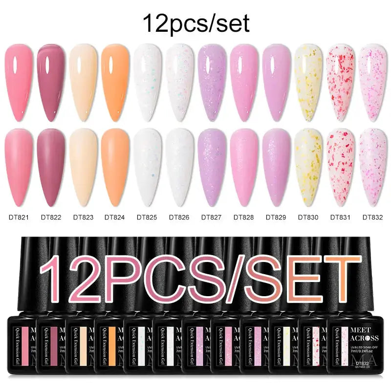 MEET ACROSS 12-piece pink glitter gel nail polish set; pastel shades with glitter accents