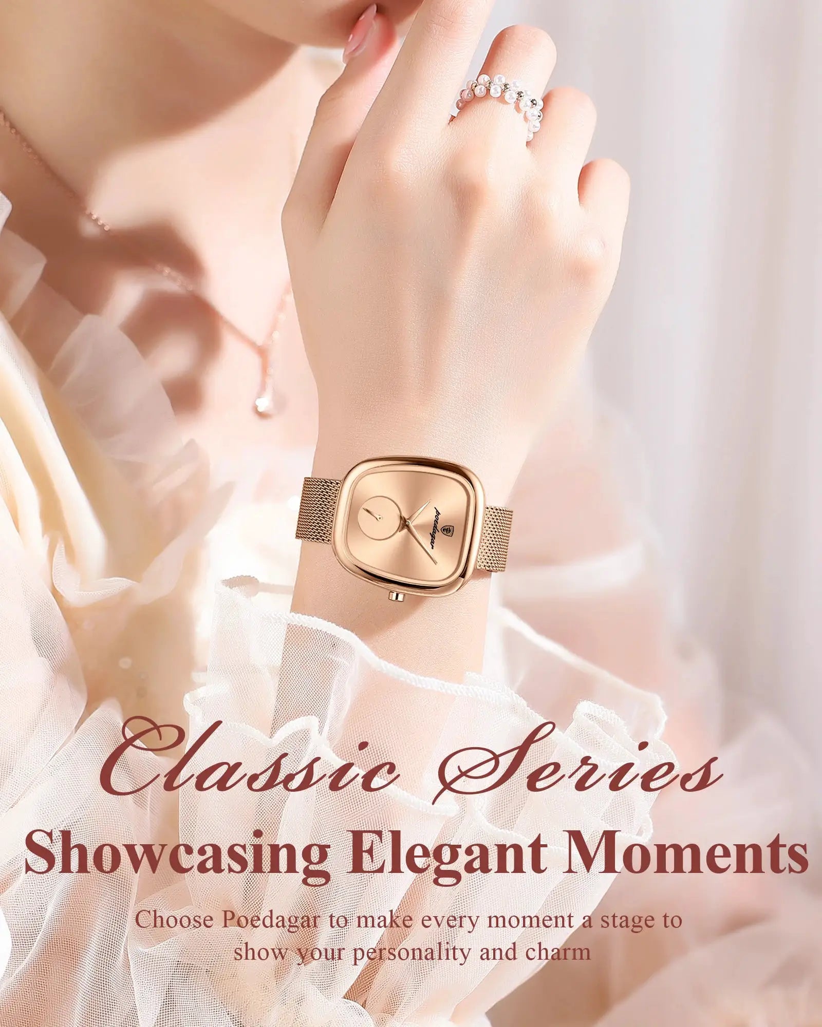 POEDAGAR women's rose-gold stainless steel mesh watch, waterproof quartz, Simples Market.