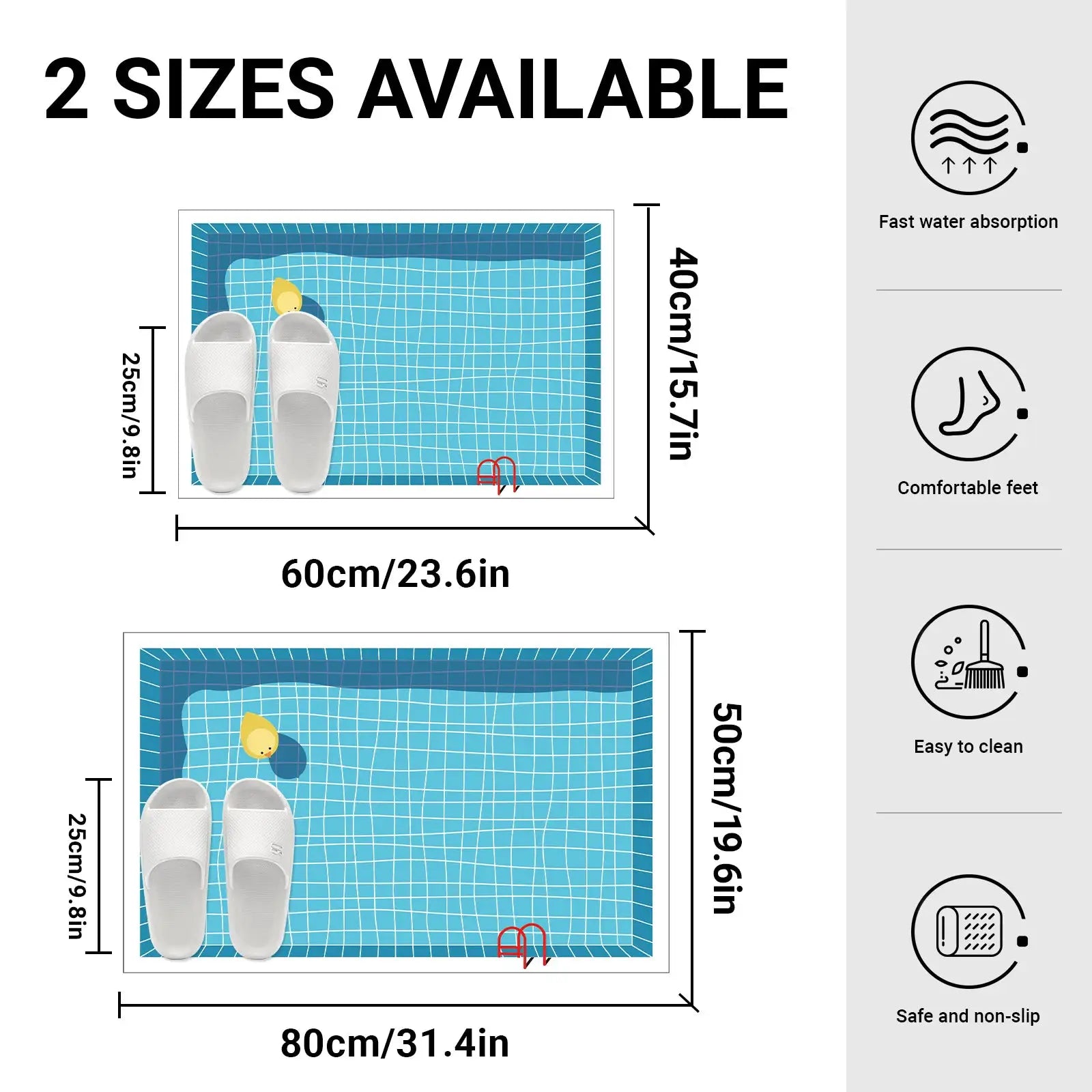 Rubber bathroom anti-slip floor mat by Simples Market with cartoon pool print; blue tiled, two white slippers on mat.