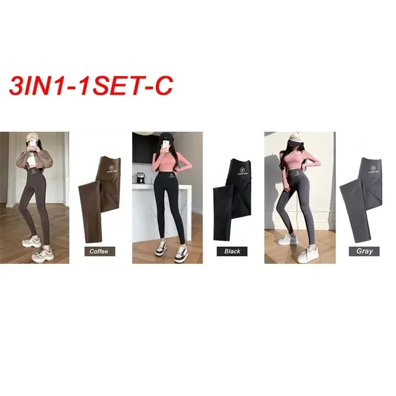 Shark Pants by Simples Market, M-XL high-waisted yoga leggings, 3-in-1 set in Coffee/Black/Gray