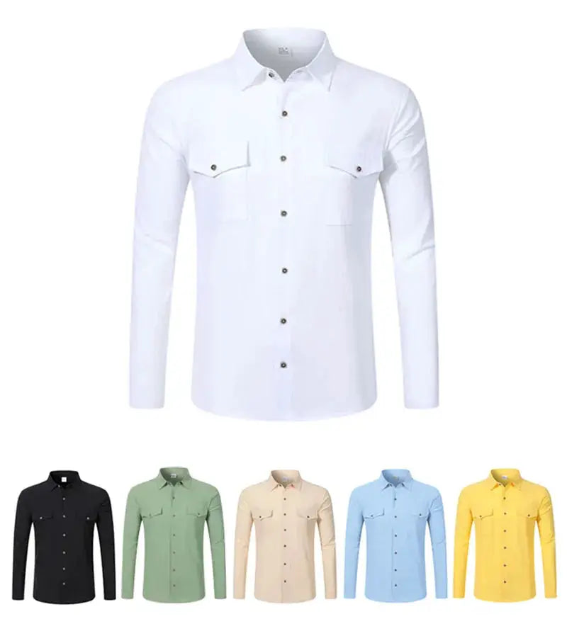 Simples Market men's long-sleeve casual shirt with double chest pockets, white; available in black, green, beige, blue, yellow.