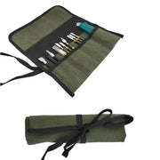 Simples Market roll-up tool bag in olive green Oxford cloth with multiple pockets for wrenches and screwdrivers.