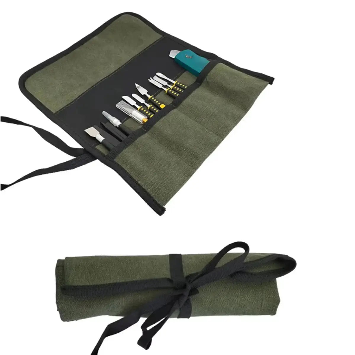 Simples Market roll-up tool bag in olive green Oxford cloth with multiple pockets for wrenches and screwdrivers.
