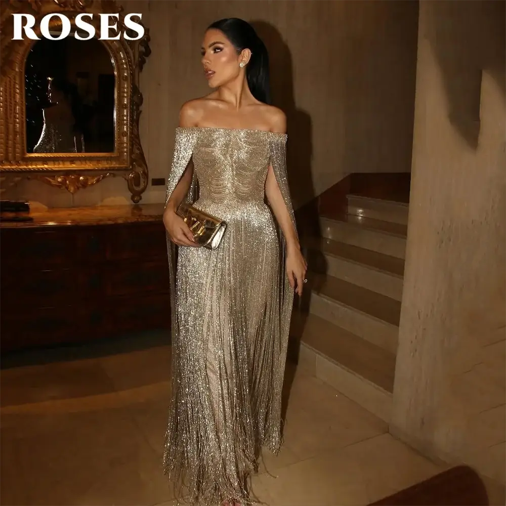 Roses Gold Luxury Evening Dress Off Shoulder Tassel Cape Gown Prom
