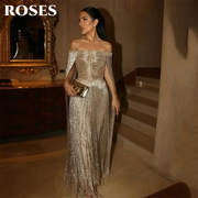 Roses Gold Luxury Evening Dress Off Shoulder Tassel Cape Gown Prom