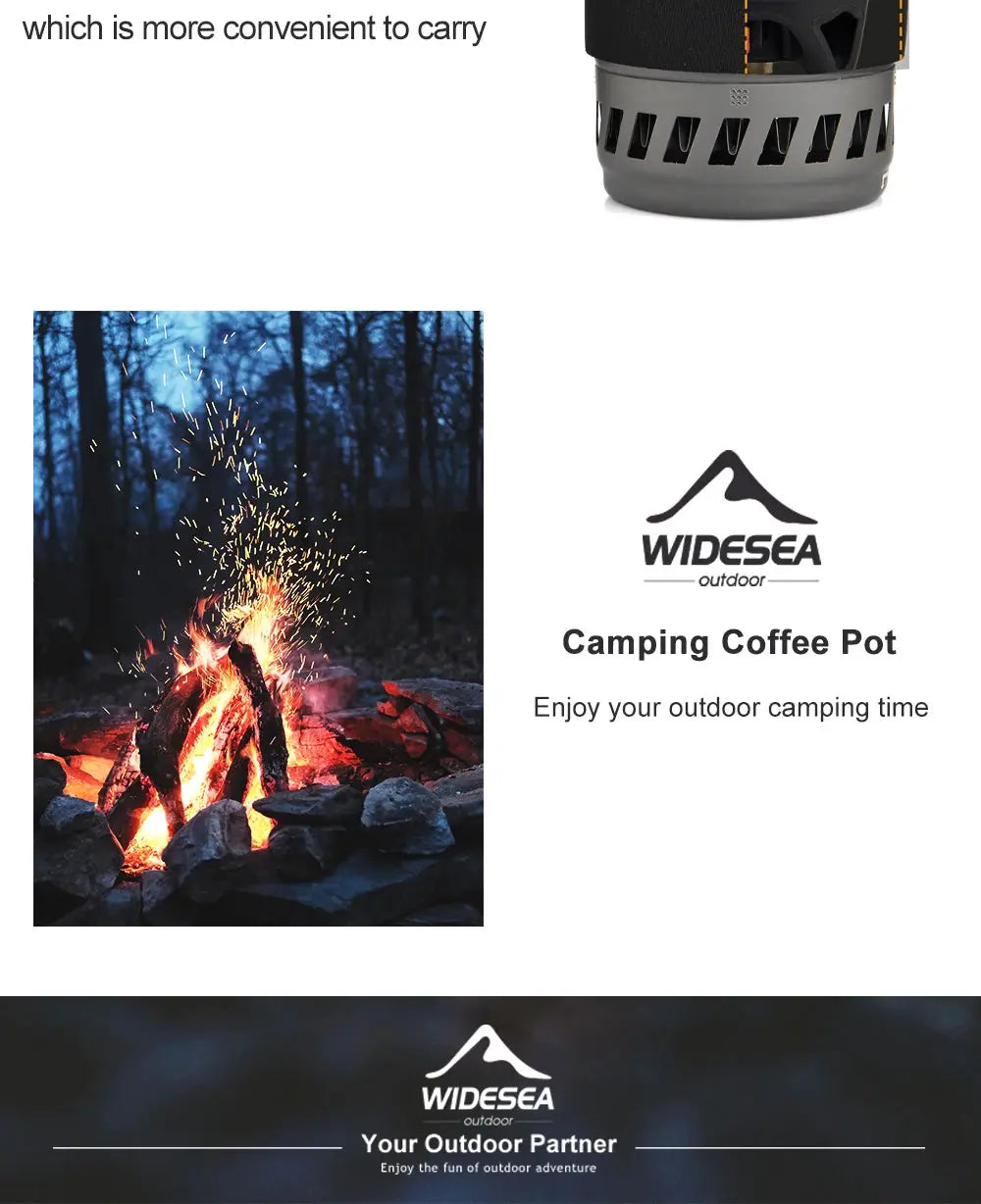 Widesea camping coffee pot with outdoor gas stove burner and campfire scene
