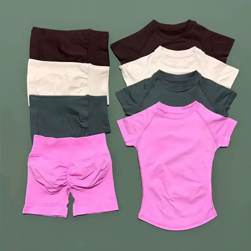 Histello 2 Piece Seamless Yoga Set Women Short Sleeve Top Leggings