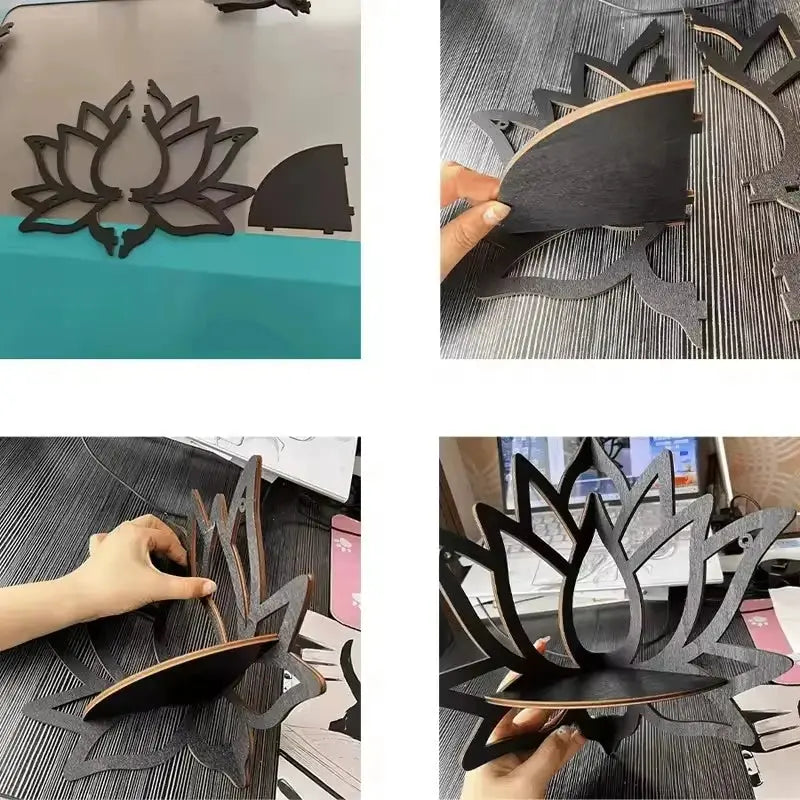 Wooden lotus hollow wall-mounted rack for aromatherapy, oils and candles; handmade by Simples Market in black