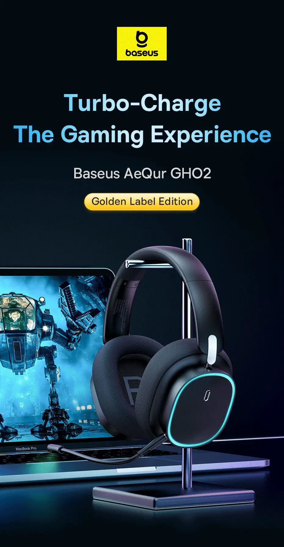 Baseus GH02 gaming wireless over-ear headset with mic, RGB lighting, Golden Label Edition