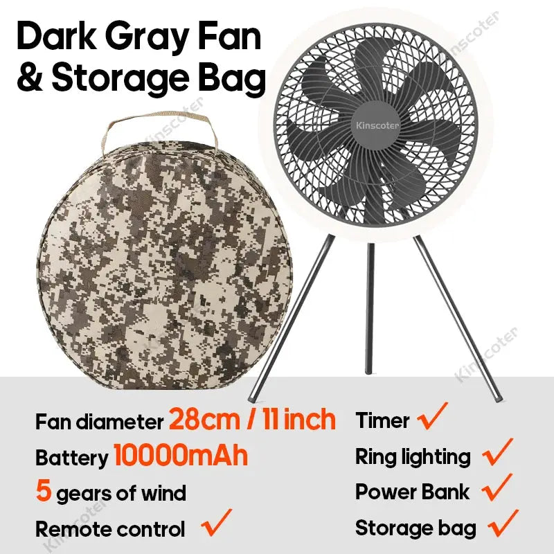 KINSCOTER outdoor camping fan and camouflage storage bag, 11-inch dark gray, 10000mAh – Simples Market