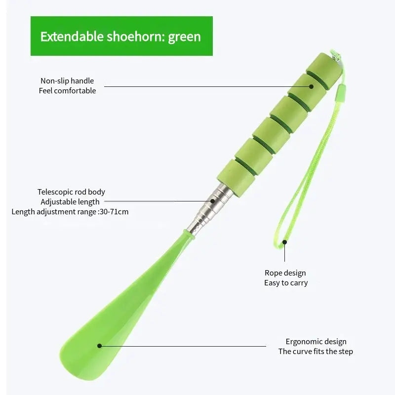 Stretchable green shoehorn, extendable 30-71 cm with telescopic metal shaft and wrist strap, Simples Market 1Pcs