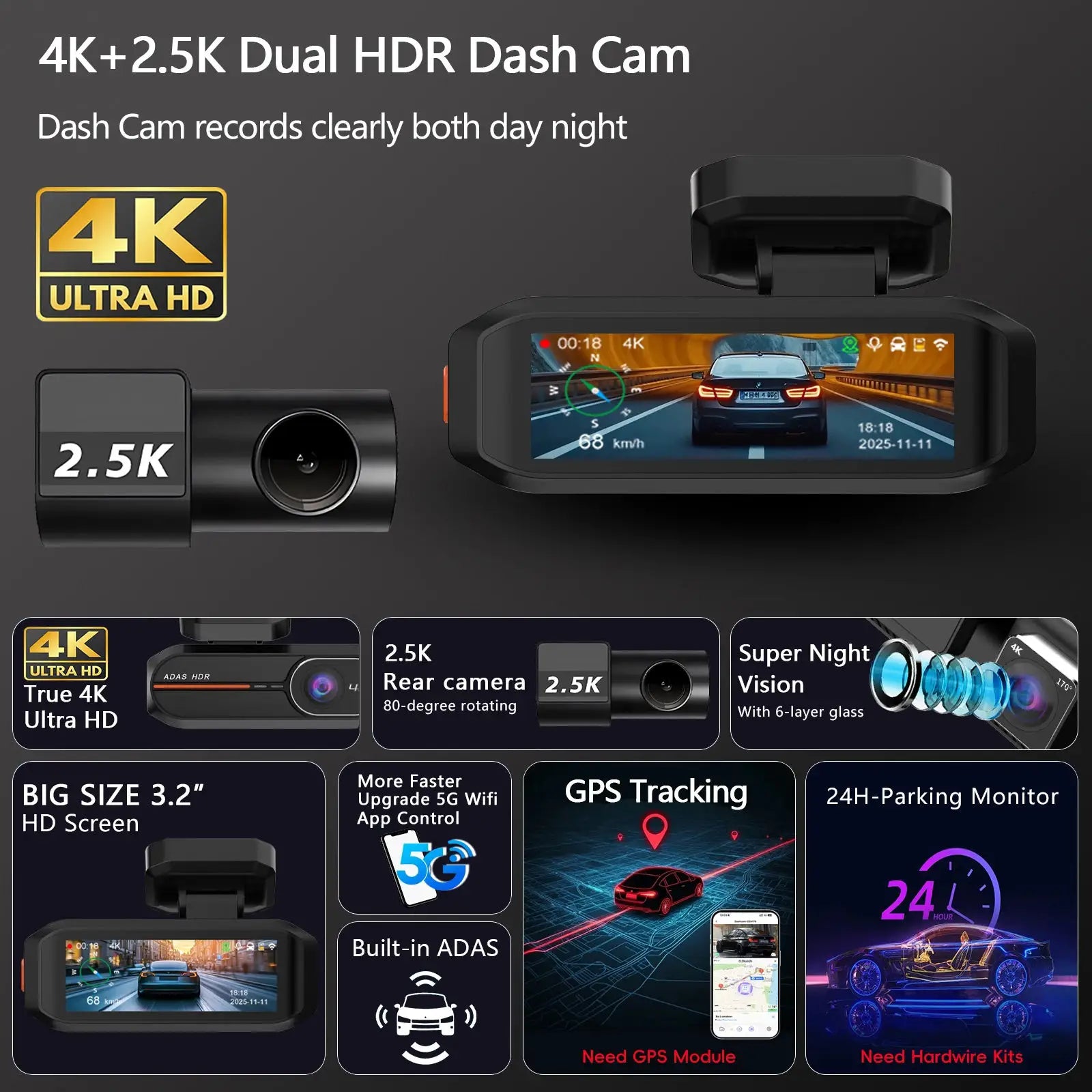 Simples Market 4K/2.5K dual HDR dash cam set with front 4K and rear 2.5K cameras, WiFi GPS, black