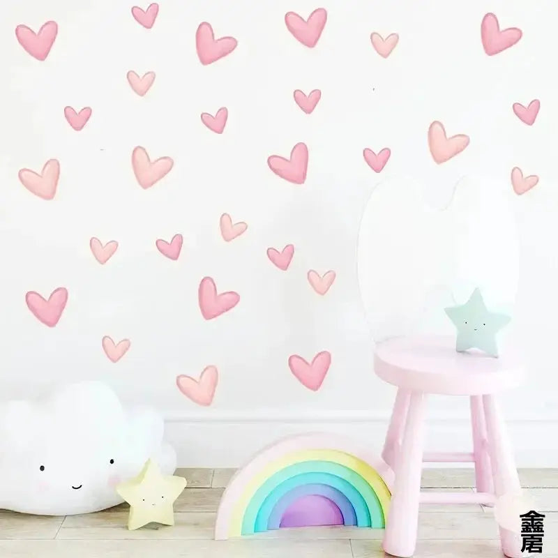60Pcs soft pink heart-shaped wall stickers, big and small, waterproof removable PVC home decor
