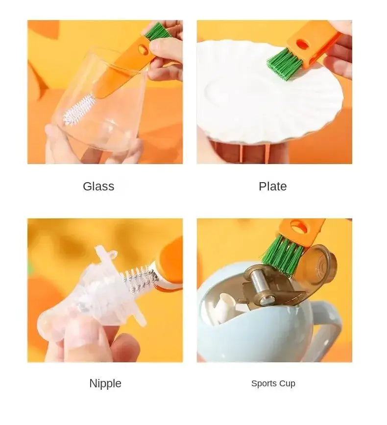 Bottle cleaning brush with orange handle and green bristles, 4-in-1 tool for glass, nipples, and cups.