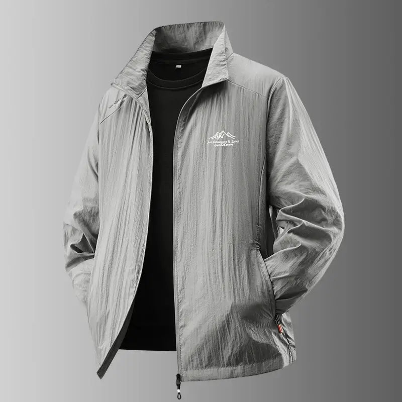 Simples Market 2025 men's ultra-light gray sun protection jacket with zip front, chest logo, breathable ice-silk.